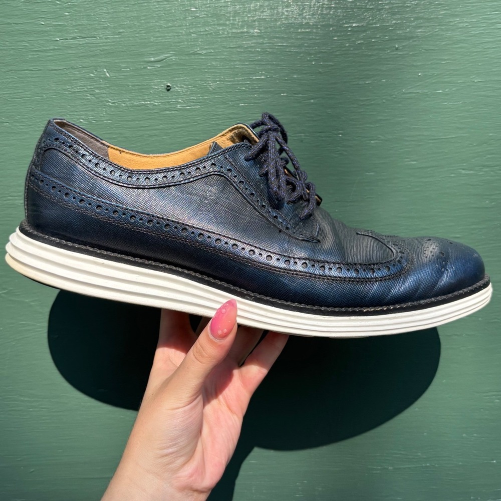 Cole Haan ZeroGrand Wingtip Oxford Navy Blue Metallic Leather Dress Shoes Mens 9